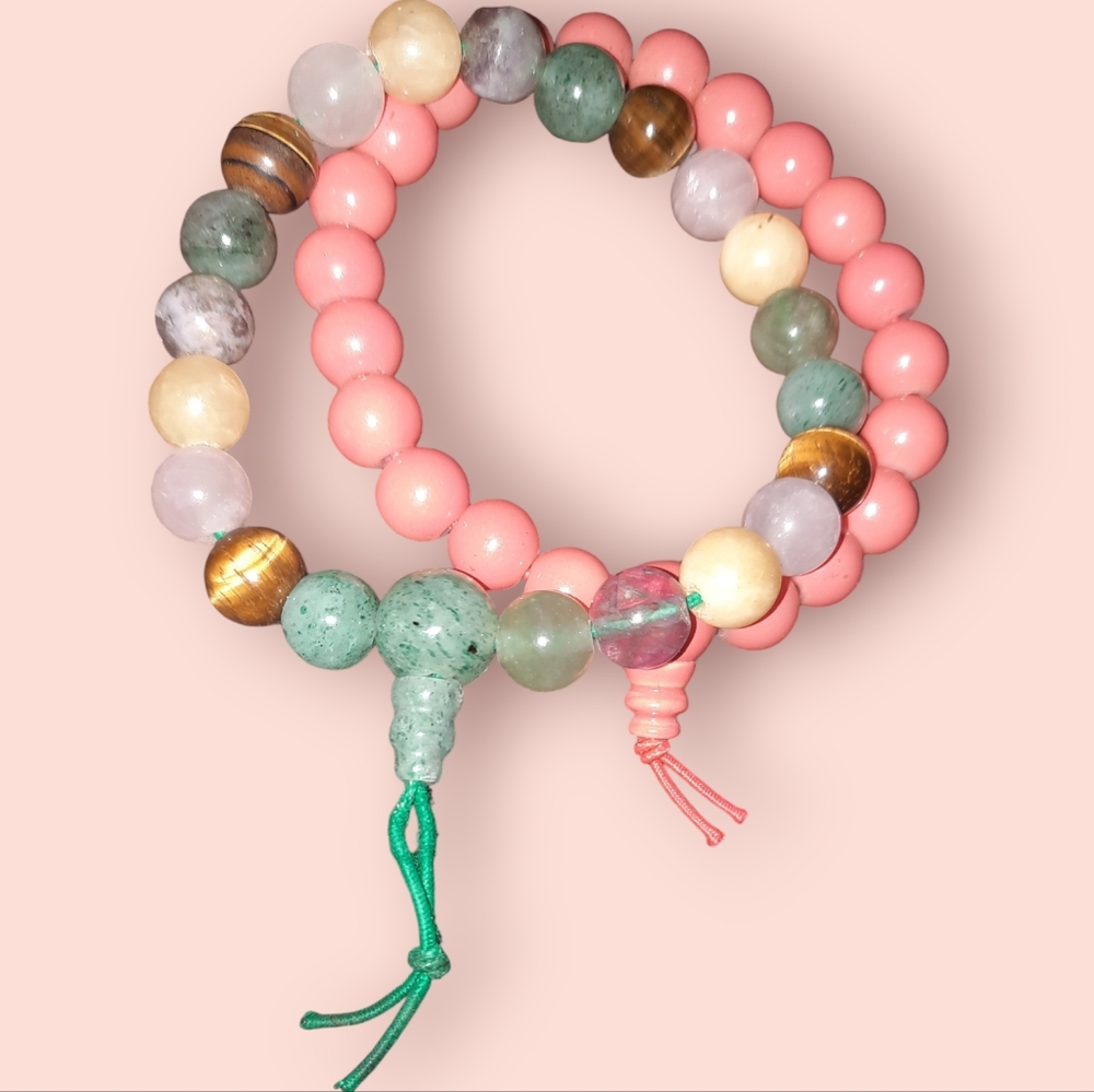 Gemstone mala bead bracelet and acrylic beaded bracelet Boho Earthy Chic